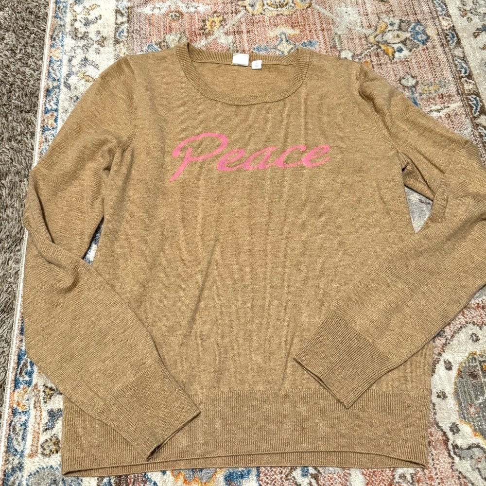 GAP Tan/Brown Sweater with Pink "Peace" Design